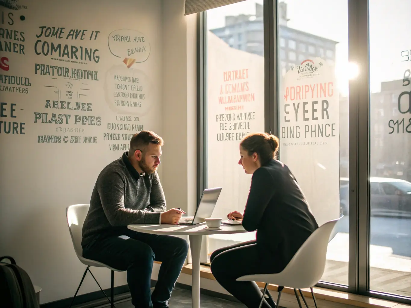 An image of a coach and client engaged in a one-on-one coaching session, with charts and laptops on the table, symbolizing strategic planning and growth.