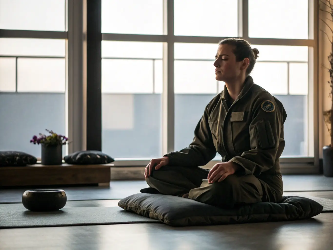 A person meditating in a modern office setting, representing mindset development and mental clarity in a business environment.