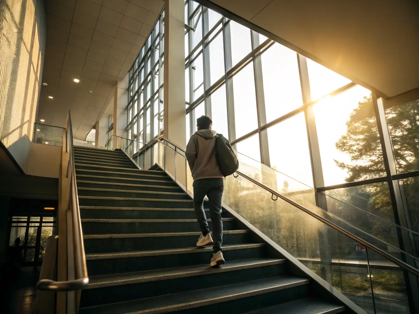 A professional in a suit confidently striding up a staircase, symbolizing career advancement and growth.