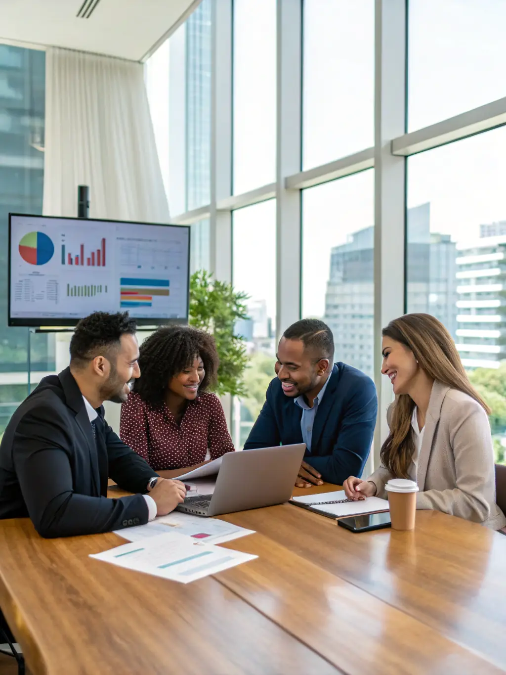 A diverse team collaborating around a table, reviewing a detailed business plan with charts and graphs, representing strategic business planning and teamwork.