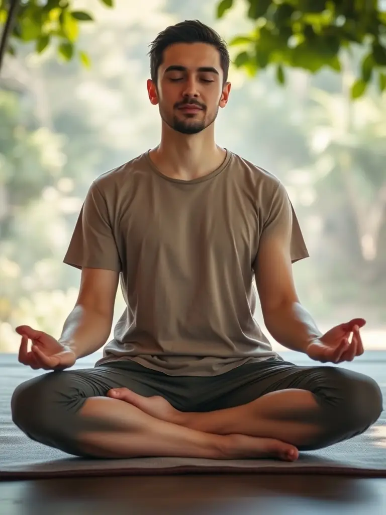 A person meditating in a serene office setting, sunlight streaming through the window, symbolizing mindset development and mental clarity for business success.