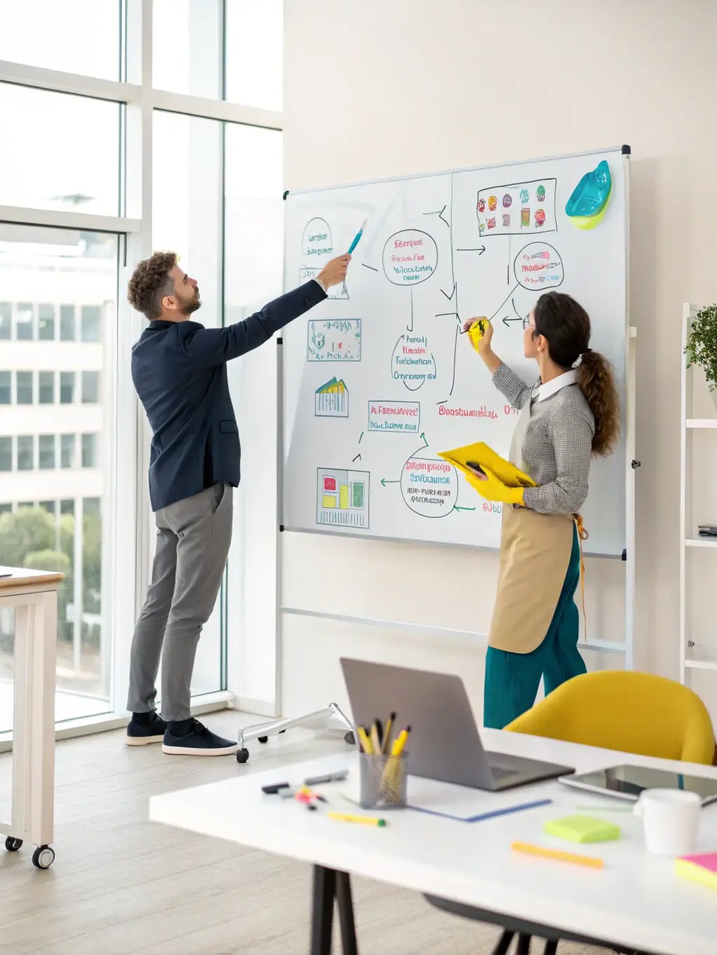 A professional business coach in a smart suit, smiling confidently while gesturing towards a whiteboard filled with strategic business plans and growth charts, set in a modern office environment.